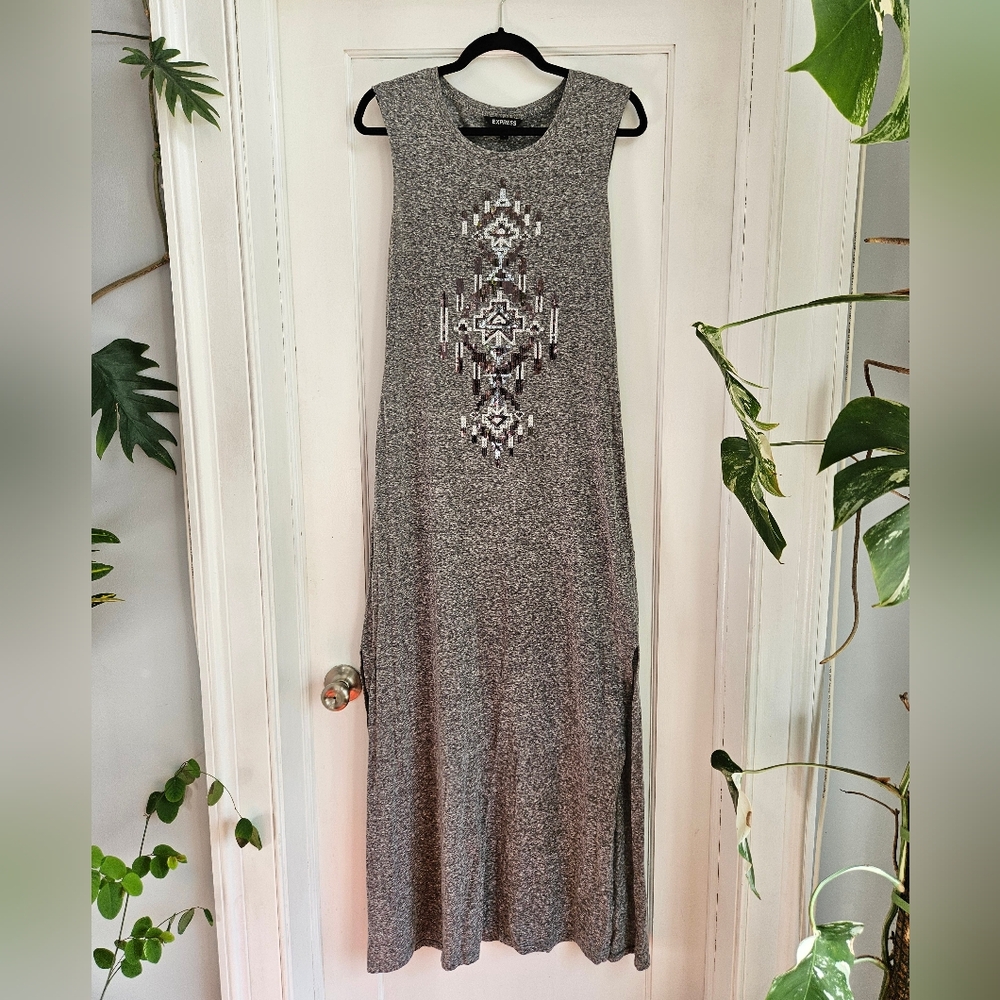 Express Tribal Sequin Maxi Dress, Line Tank Dress, Gray, Size M
